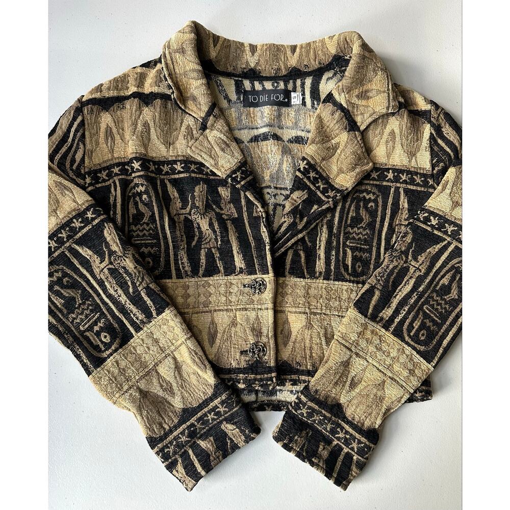 Vintage 90s To Die For Tapestry Jacket Egyptian Pharaoh Hieroglyphic Cropped S